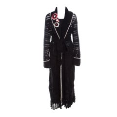 Escada Black Crochet Knit Floral Applique Scalloped Tassel Edge Long Cardigan L