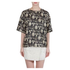 Dolce & Gabbana Top a maniche corte in seta stampata con chiave a dadi nera e beige M.