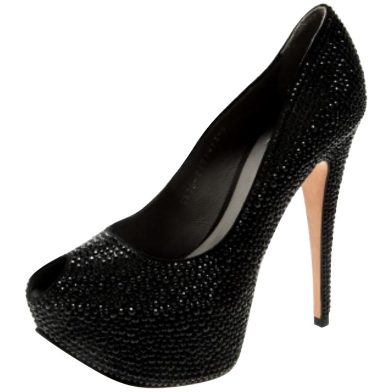 Gina, Pumps con piattaforma Peep Toe impreziosita da cristalli neri, taglia 39 in vendita