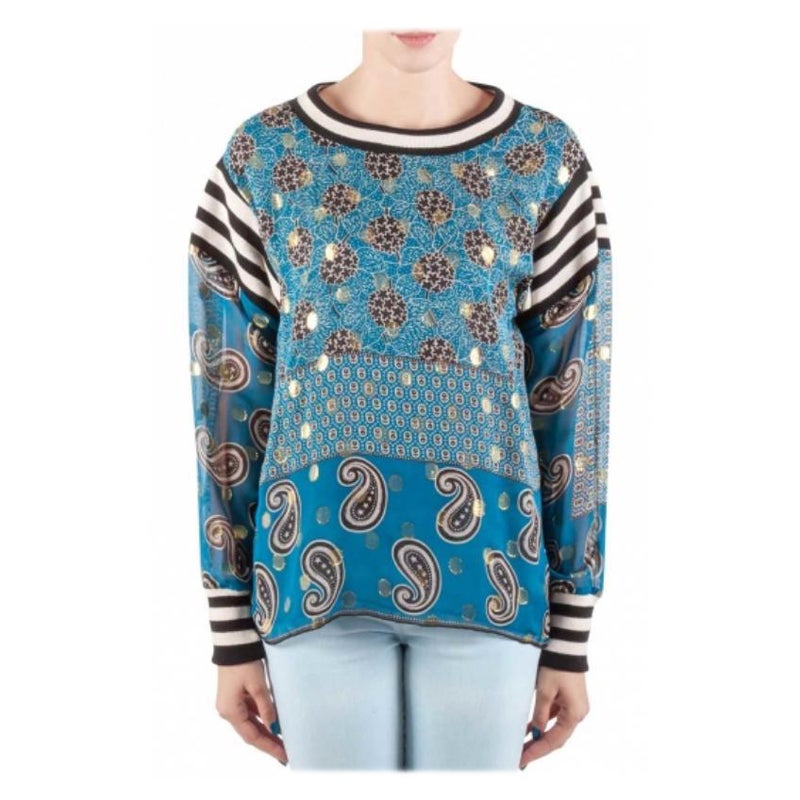 Anna Sui Teal Blue Bouquet Scarf Print Silk Ribbed Trim Tunic Top M For Sale