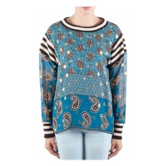 Anna Sui Teal Blue Bouquet Scarf Print Silk Ribbed Trim Tunic Top M