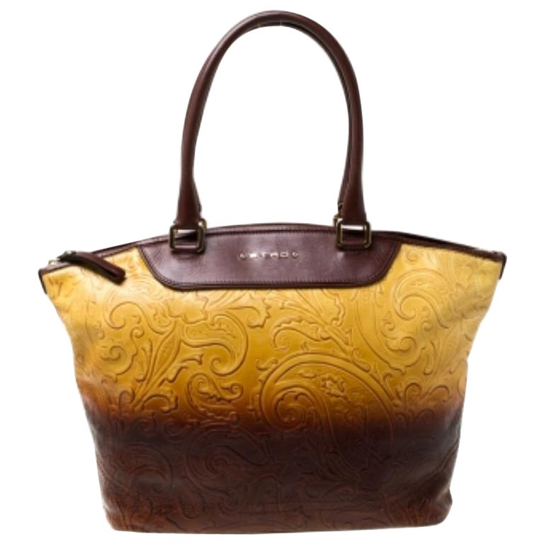 Etro Gelb/Braun Ombre Paisley geprägte Leder Zip Tote im Angebot