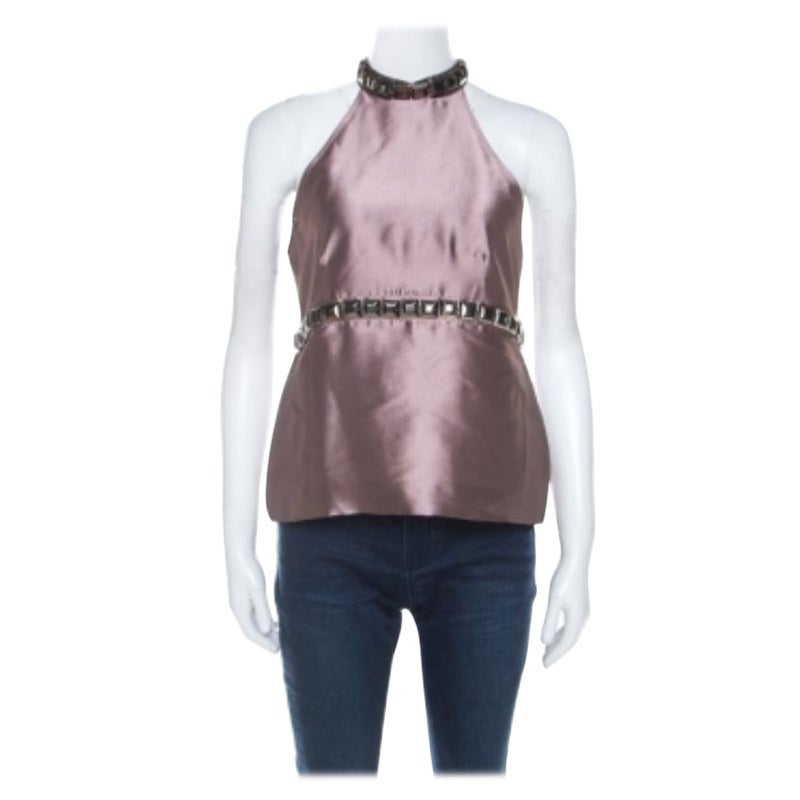 Burberry Top S con cuello halter y tachuelas en mezcla de seda púrpura metalizado en venta
