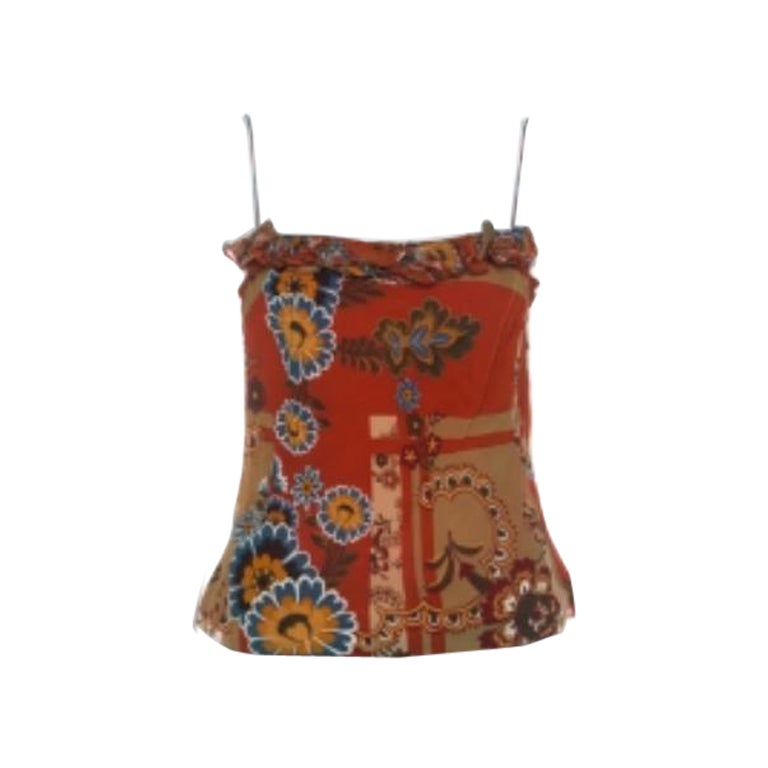 John Galliano Top a canotta in seta con stampa floreale color arancio ruggine L.