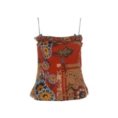John Galliano Top a canotta in seta con stampa floreale color arancio ruggine L.