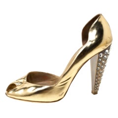 Miu Miu Gold Metallic Leather Crystal Embellished Heel Sandals Size 38.5