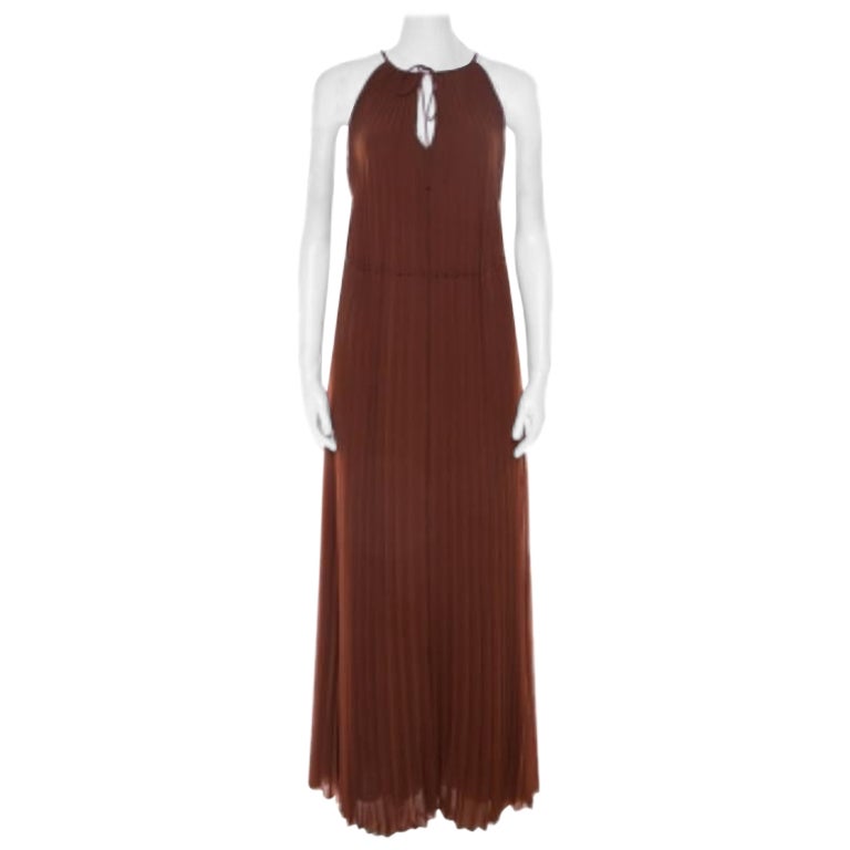 Elizabeth & James Cinnamon Brown Maxi Dress Cadence in chiffon plissettato S in vendita