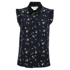 Marni Camisa sin mangas de seda estampada azul marino con detalle de volantes M