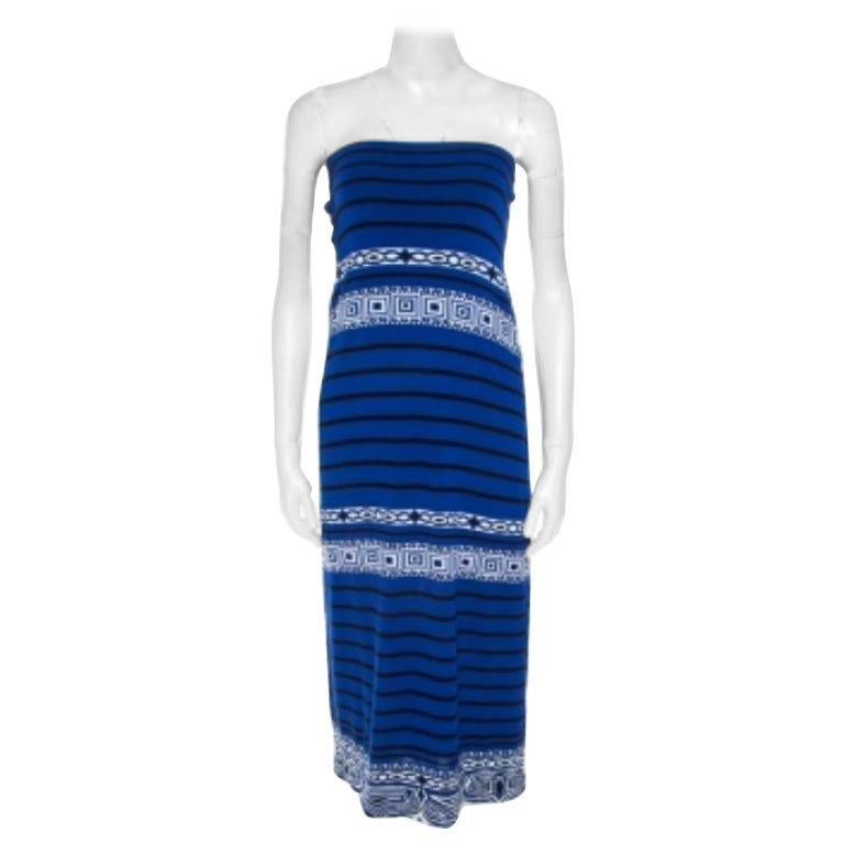 Emilio Pucci Vestido sin tirantes de punto azul con estampado azteca S en venta