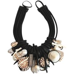 Monies Baroque Pearl, Mountain Crystal, Shell, Ebony, MOP and Leather Necklace