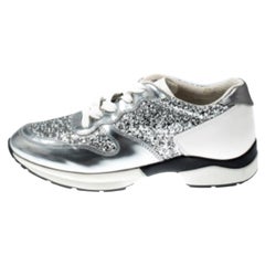 Tod's Metallic Silver Glitter and Leather Sportivo Lace Up Sneakers Taglia 36