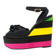 Charlotte Olympia Multicolor PUC Bow Detail Ankle Strap Wedge Sandals Size 38.5