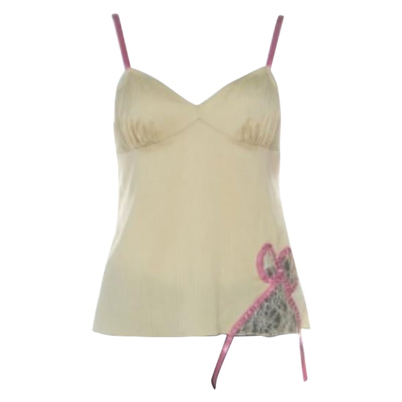 John Galliano - Camisole verte extensible en coton et dentelle avec nœud papillon M en vente