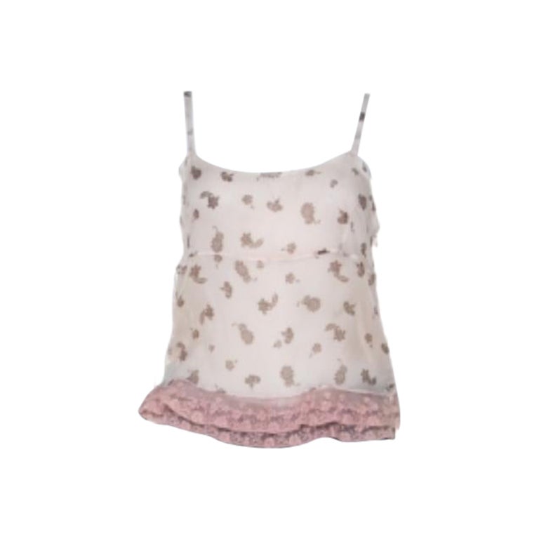 Miu Blassrosa Camisole-Top aus Seidenchiffon und geraffter Spitze mit Spitze M im Angebot