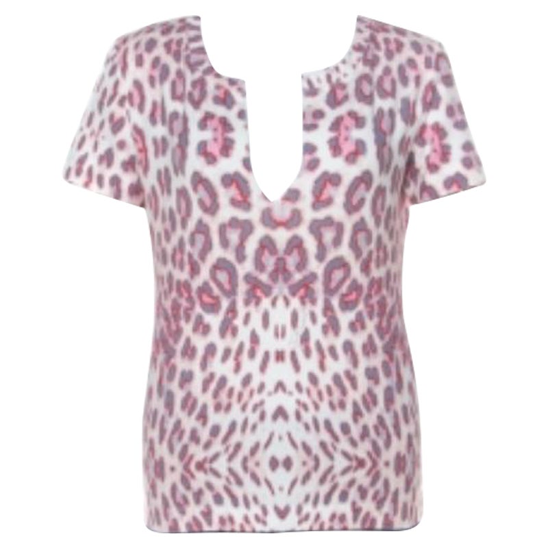 Just Cavalli Multicolor Leopard Print Slit Neck T-Shirt S
