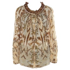 Roberto Cavalli Beige Leopard Printed Cotton Ruched Neckline Poet Blouse M