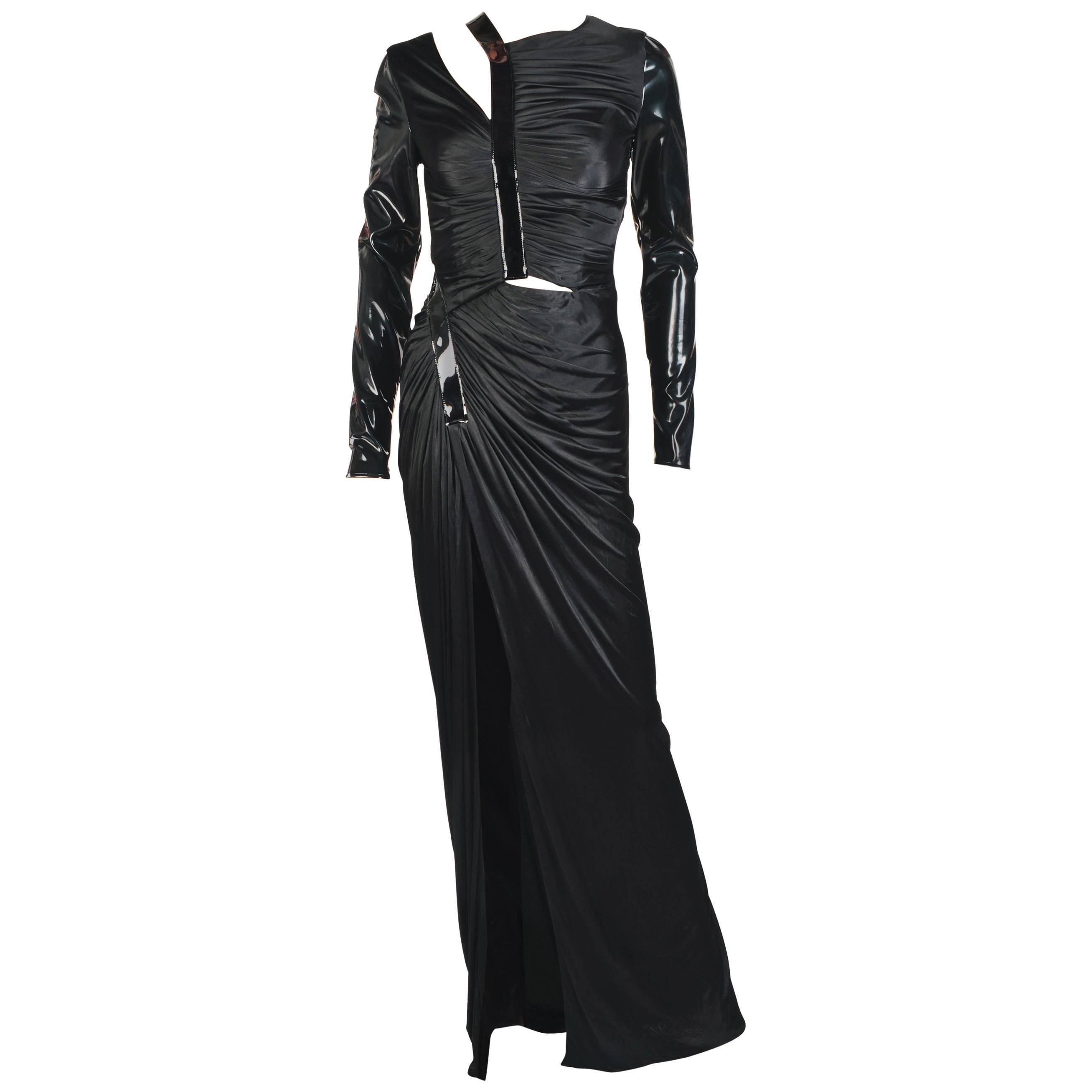 New VERSACE Hottest Black Liquid Jersey Gown With Vinyl Sleeves For ...