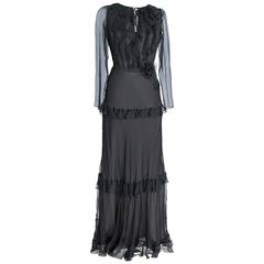 OSCAR DE LA RENTA Gown Black Silk Chiffon Ruffle Accentuated 2 Flower Pins 2