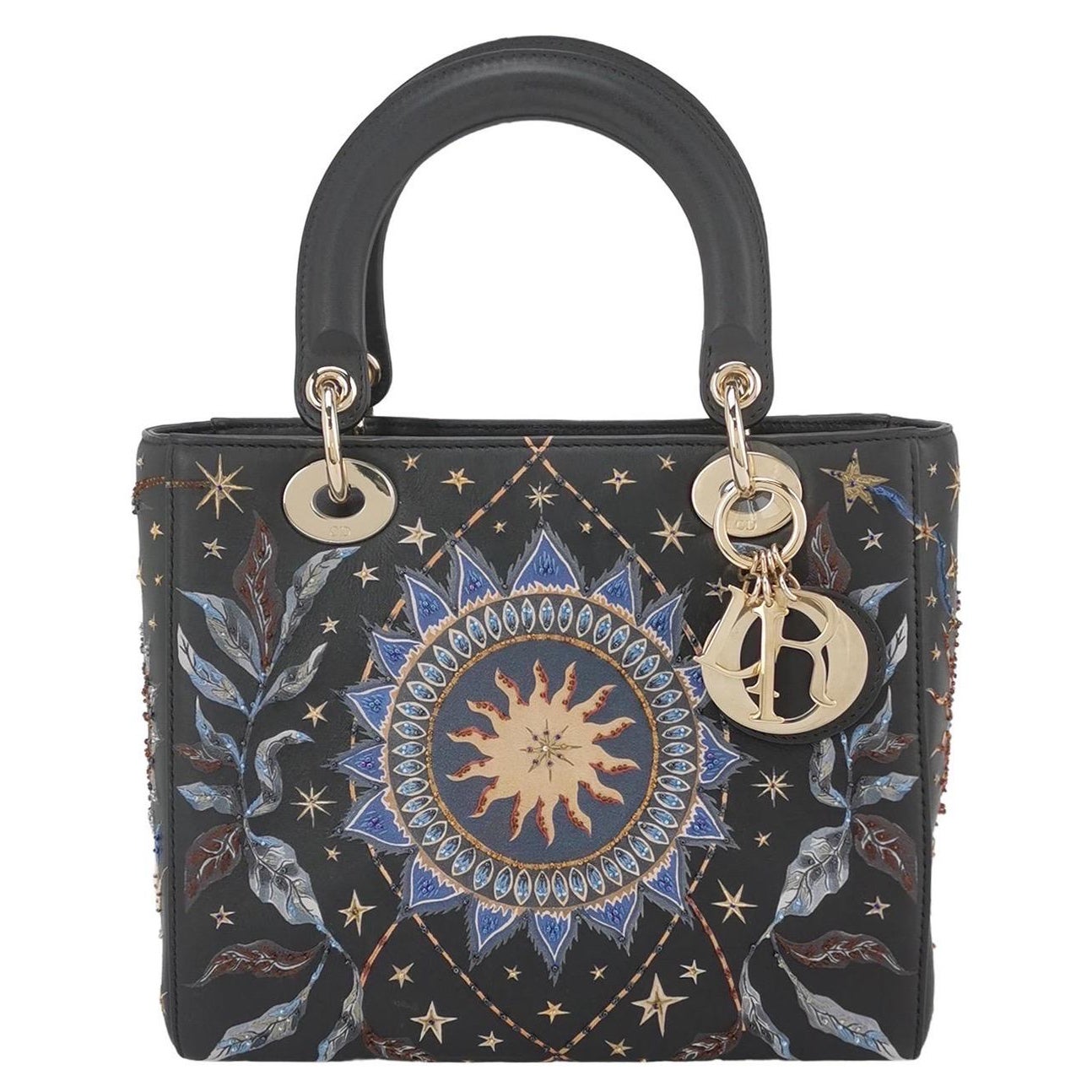 Lady Dior Medium Nature Ballet Star Embroidery Handbag Black Calfskin Gold HW
