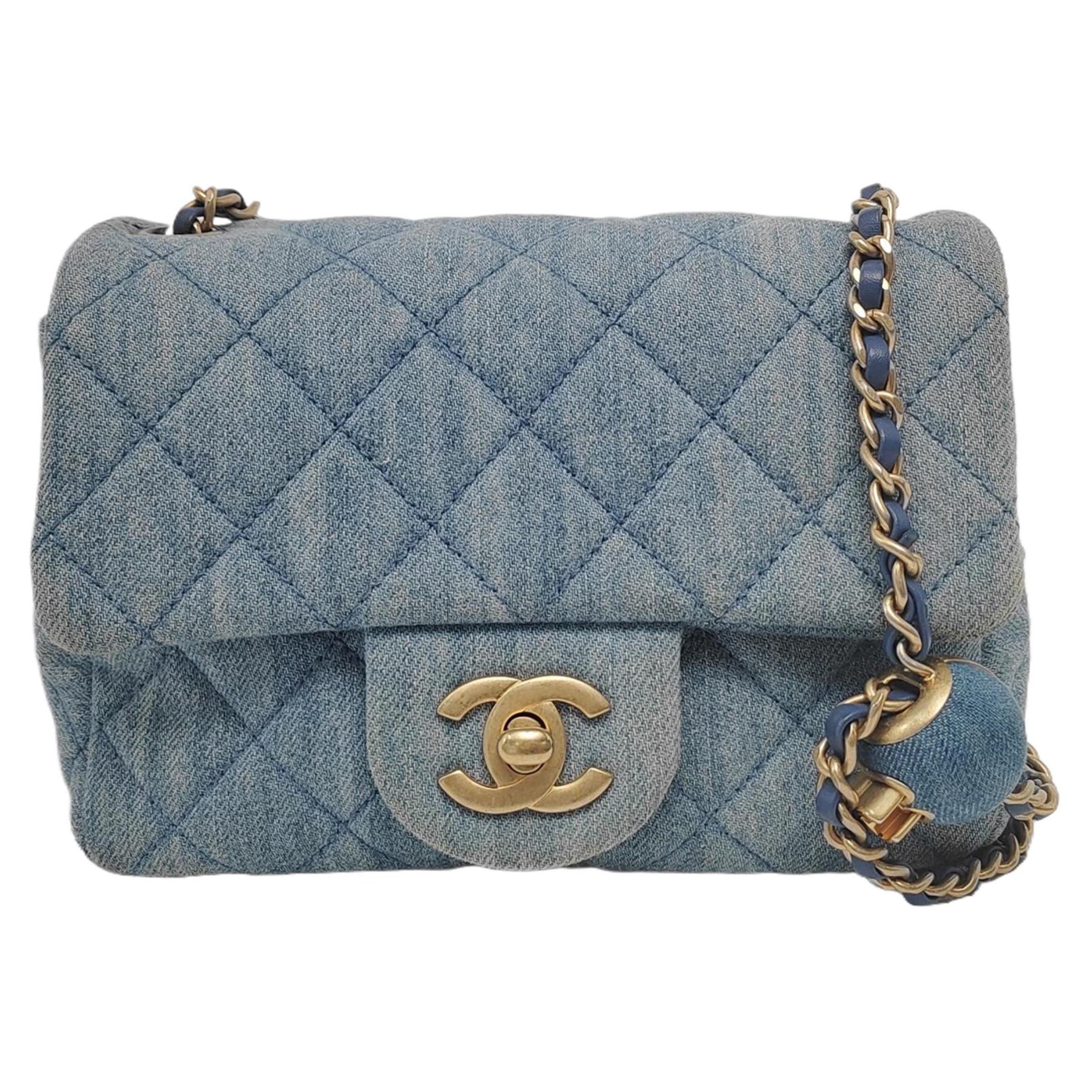 Chanel Classic Flap Mini Square Blue Denim Jeans Gold Hardware Microchip