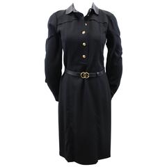 Gucci Black Wool Dress with black leather and golden Buckle Belt