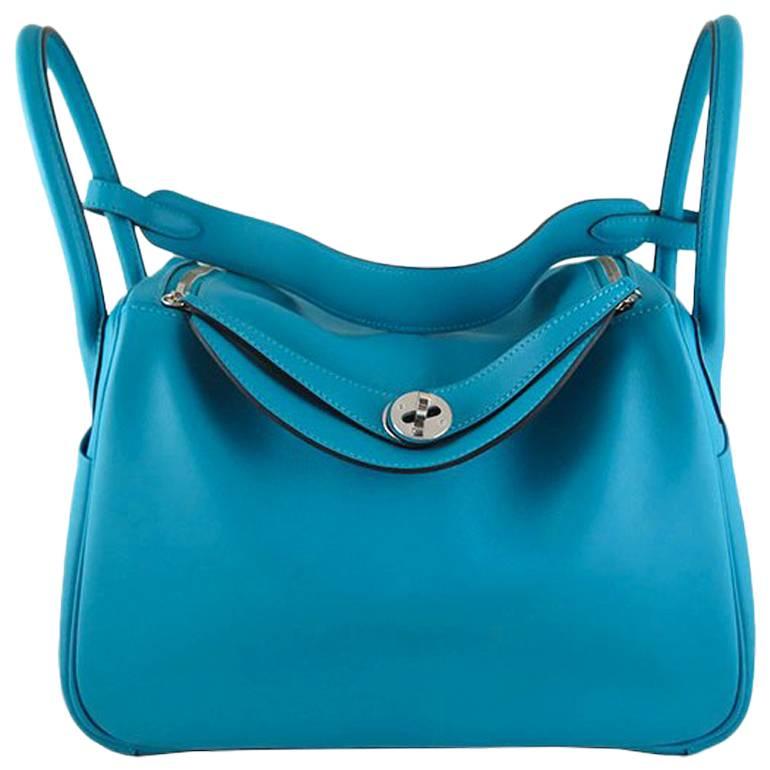 Hermes Lindy 30 Turquoise Swift Leather Blue Shoulder Bag For Sale
