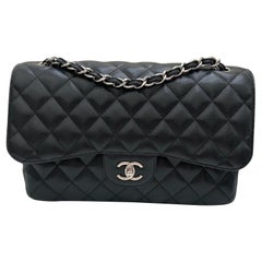 Chanel Black Jumbo Classic Double Flap Quilted Caviar Silver Hardware