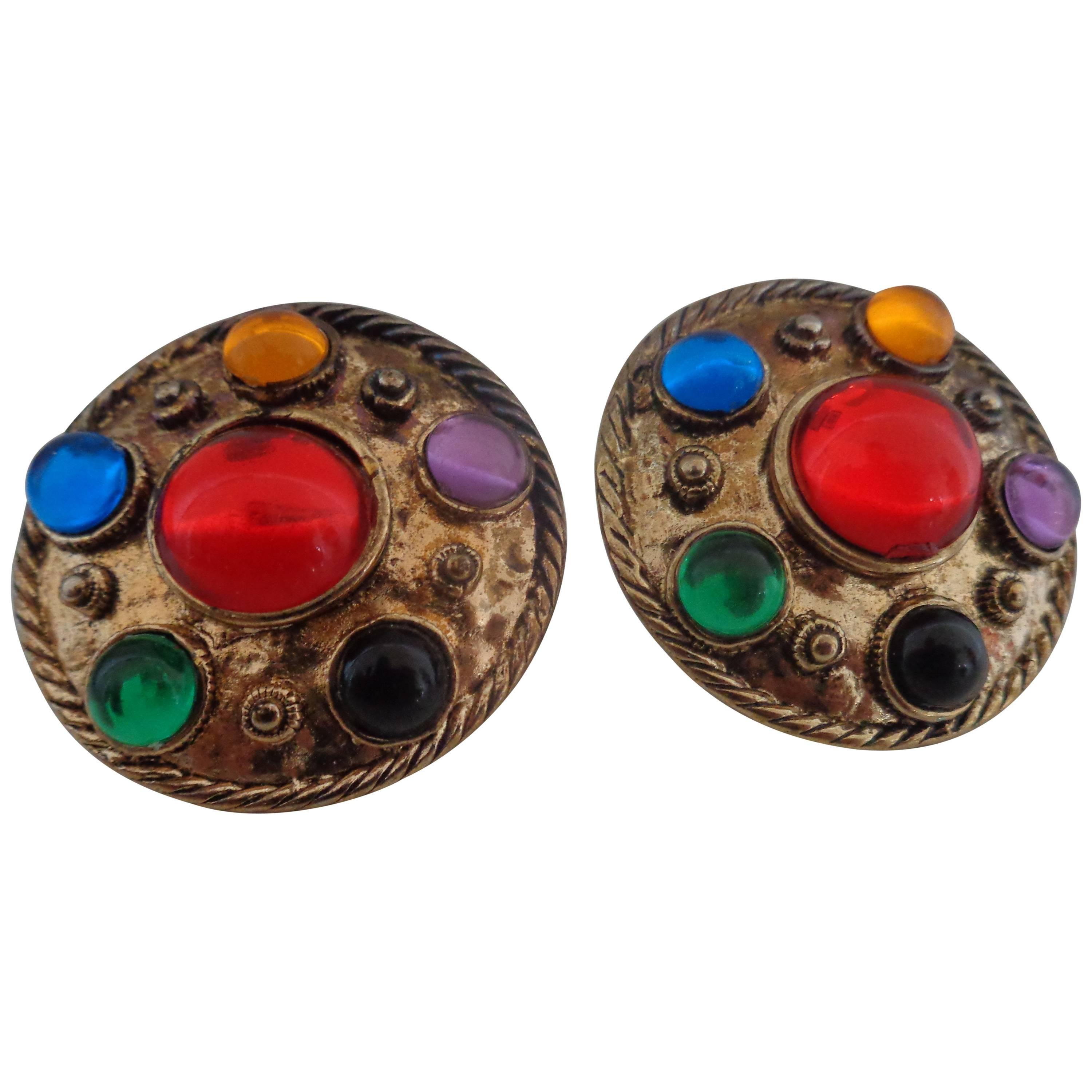Gold tone with multicoloured stones clip on earrings For Sale