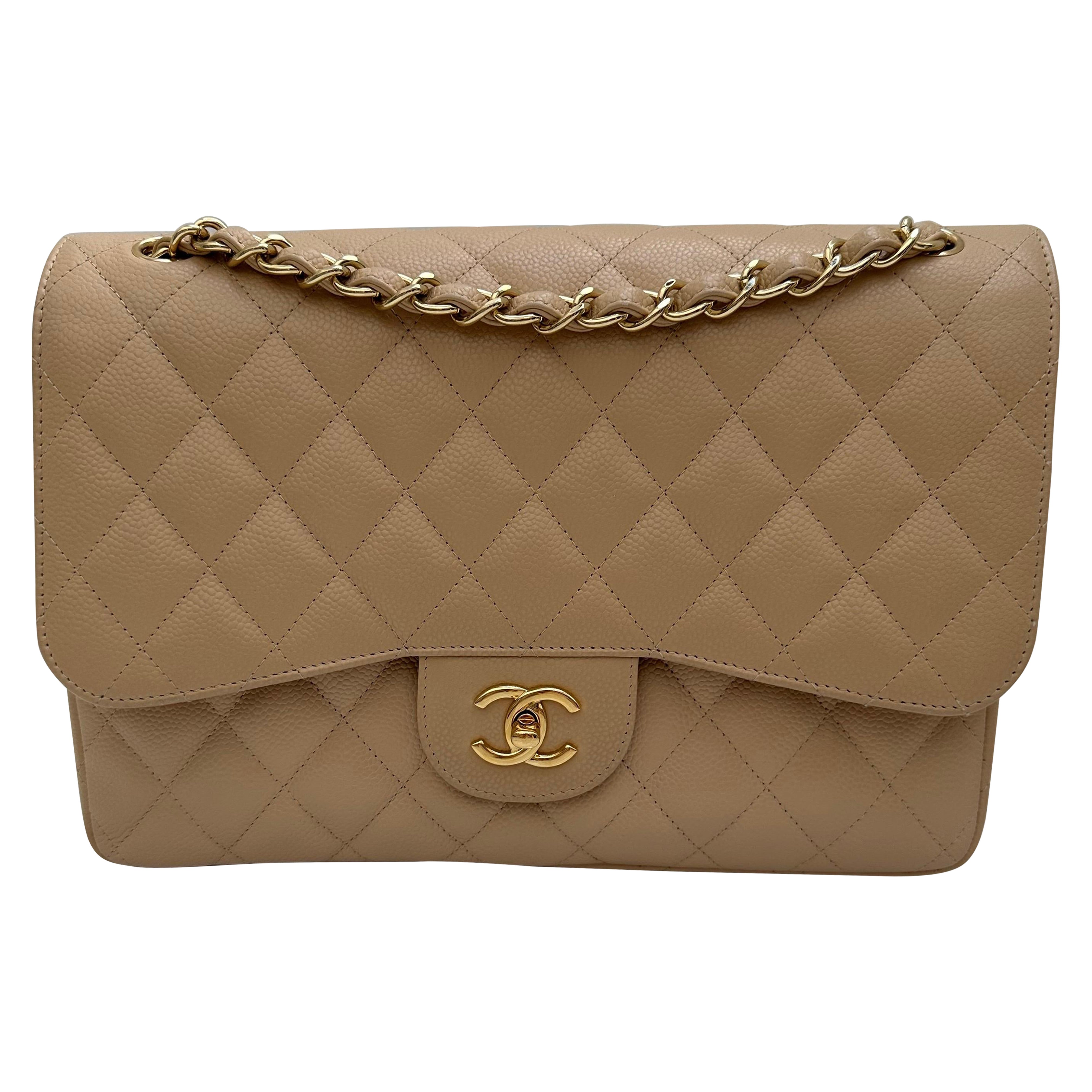 Chanel Clair Jumbo Classic Double Flap Caviar Gold Hardware Beige
