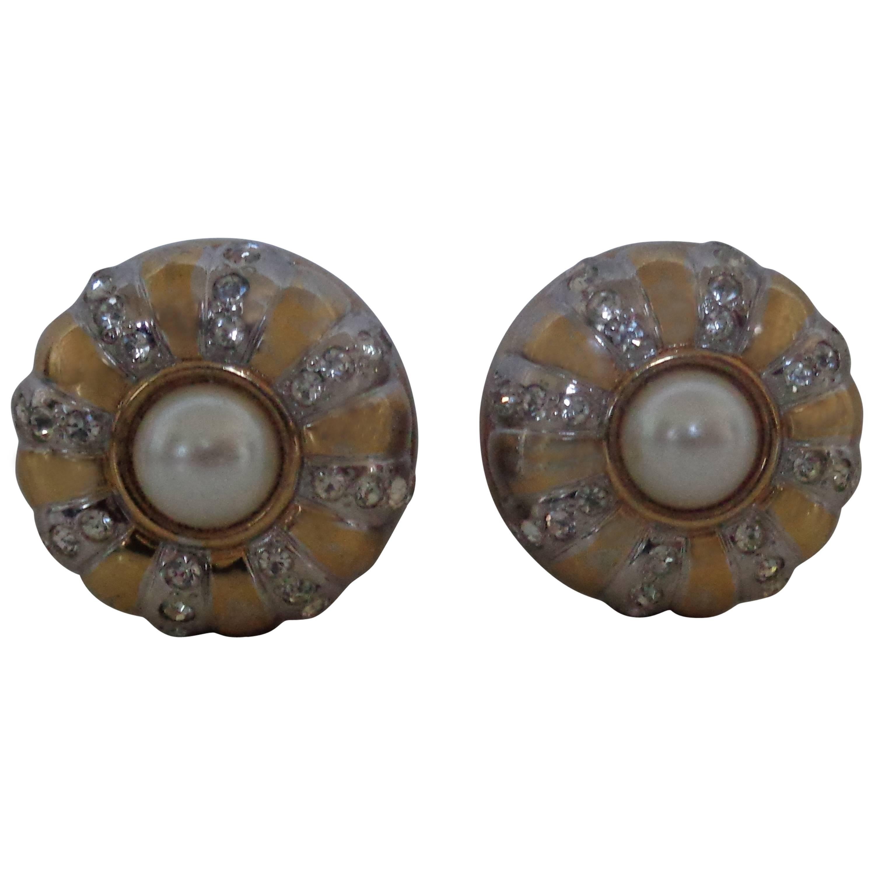 Gold tone with Swarovski and faux pearls clip on earrings For Sale