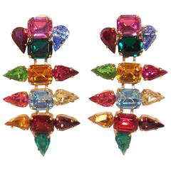 Fun 1980's Multi Color Rhinestone Articulated Dangle Earrings