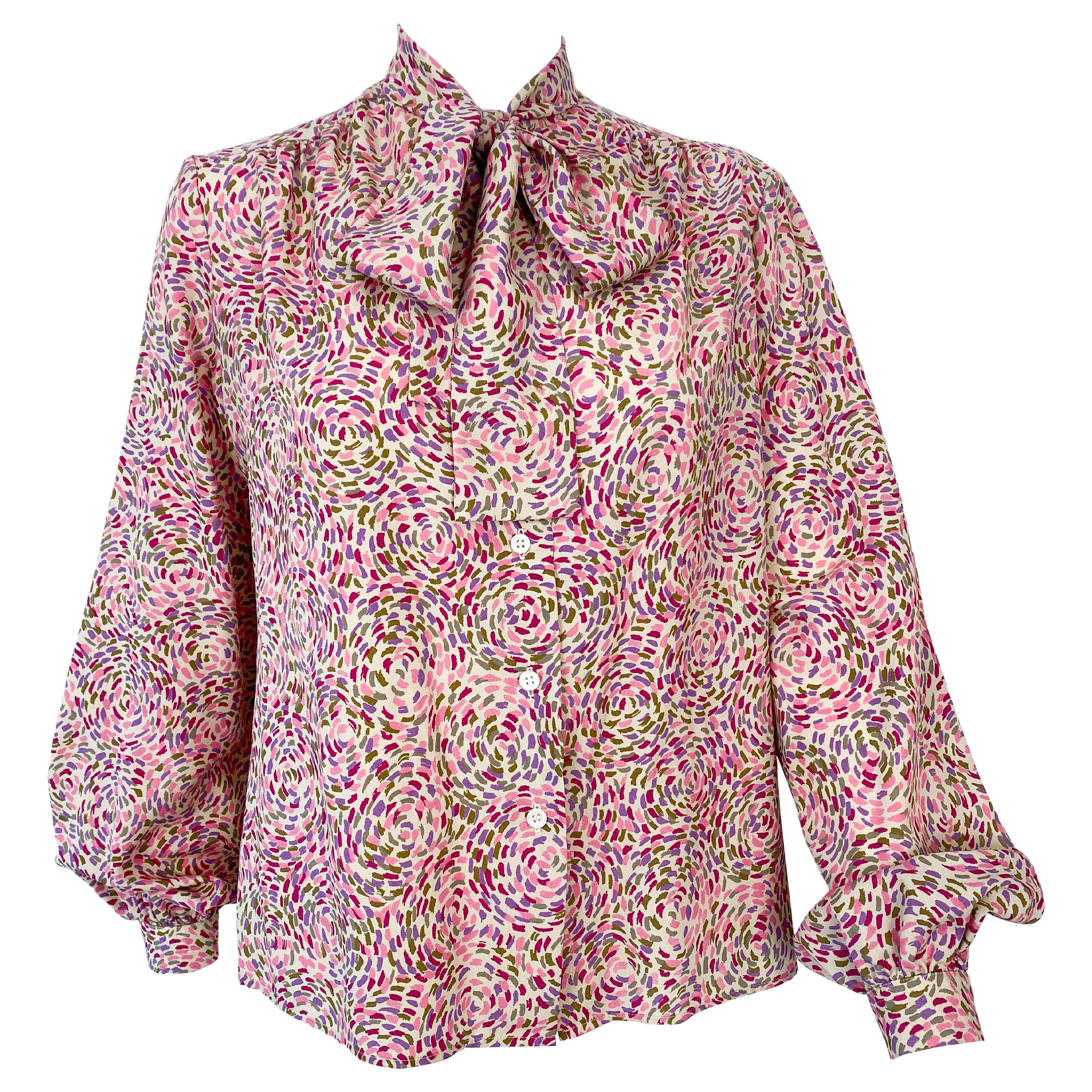 Silky Viscose Blouse Top Pink Pointillism Print Size 8, circa 1980 For Sale
