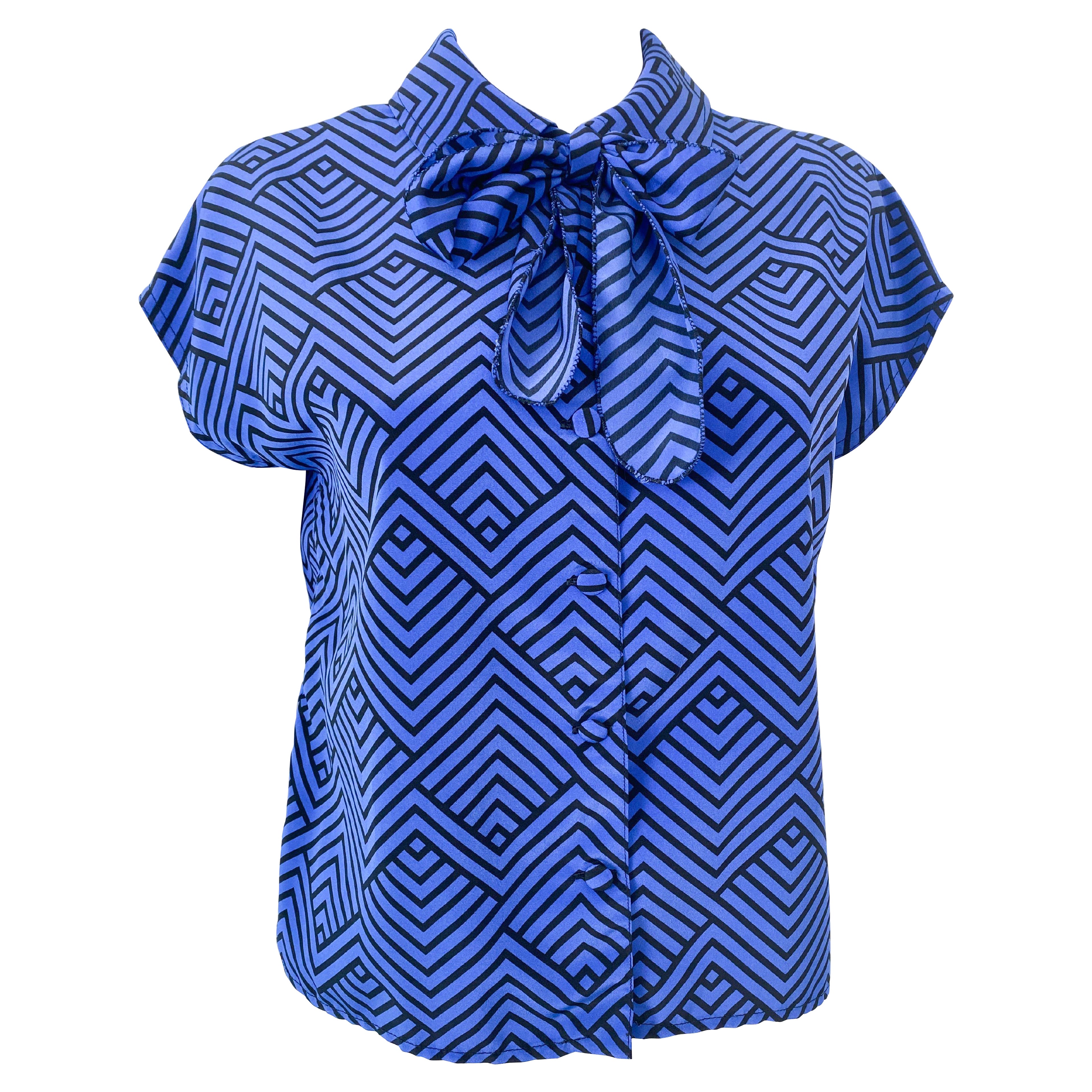 Silky Pussy Bow Blouse Top Black and Blue ZigZag Size 8/10 circa 1980 For Sale