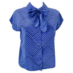 Blusa con lazo de seda de los años 80 Negro y azul ZigZag Talla 8/10