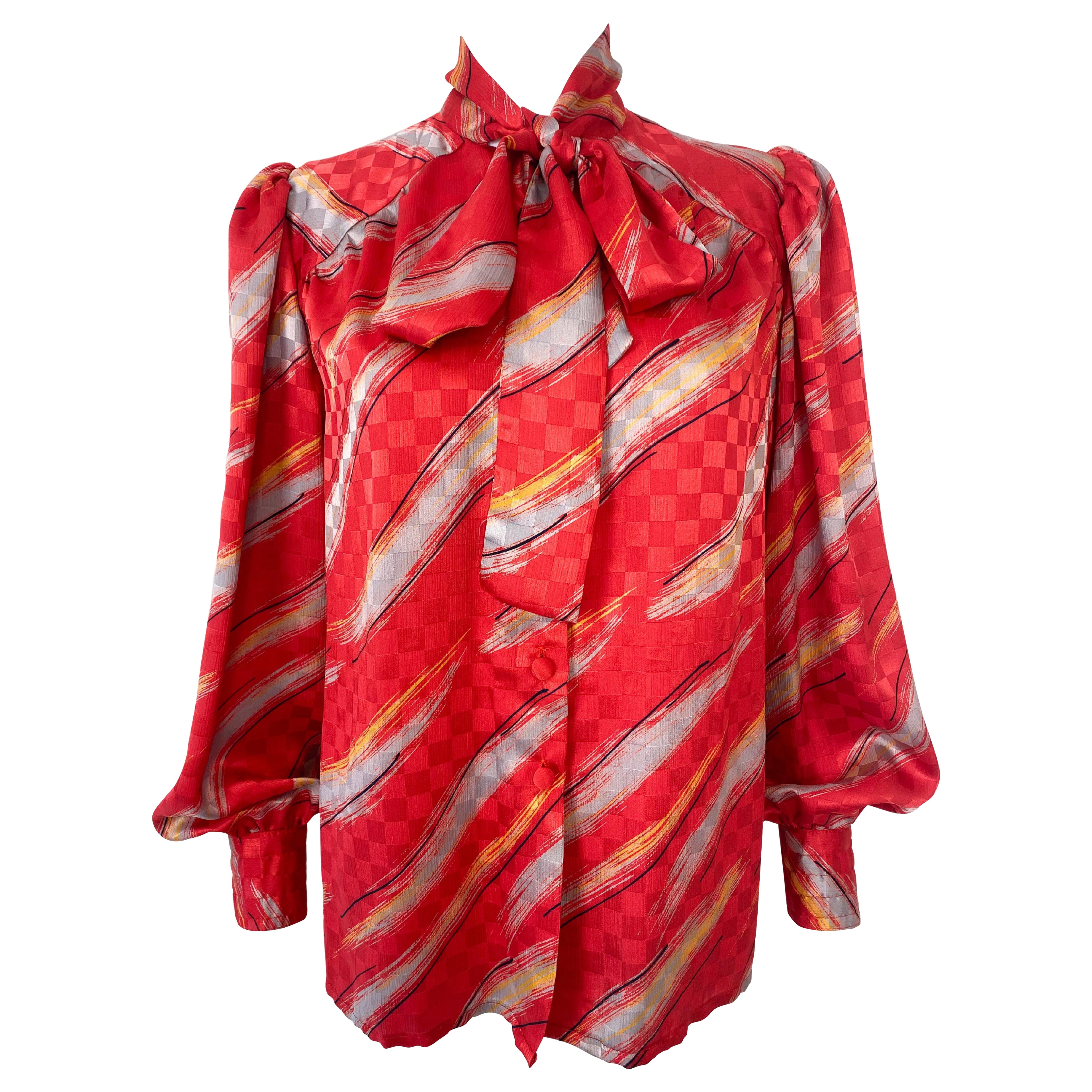 1980s Silky Red and Gray Pussy Bow Blouse Top Size 10/12