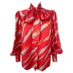 1980s Silky Red and Gray Pussy Bow Blouse Top Size 10/12