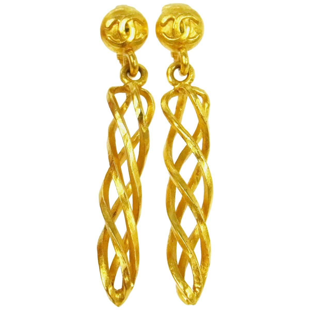 Chanel Vintage Gold Twist Long Charm Dangle Drop Evening Earrings