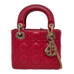 Lady Dior Mini Red Lambskin Leather Gold Chain Strap