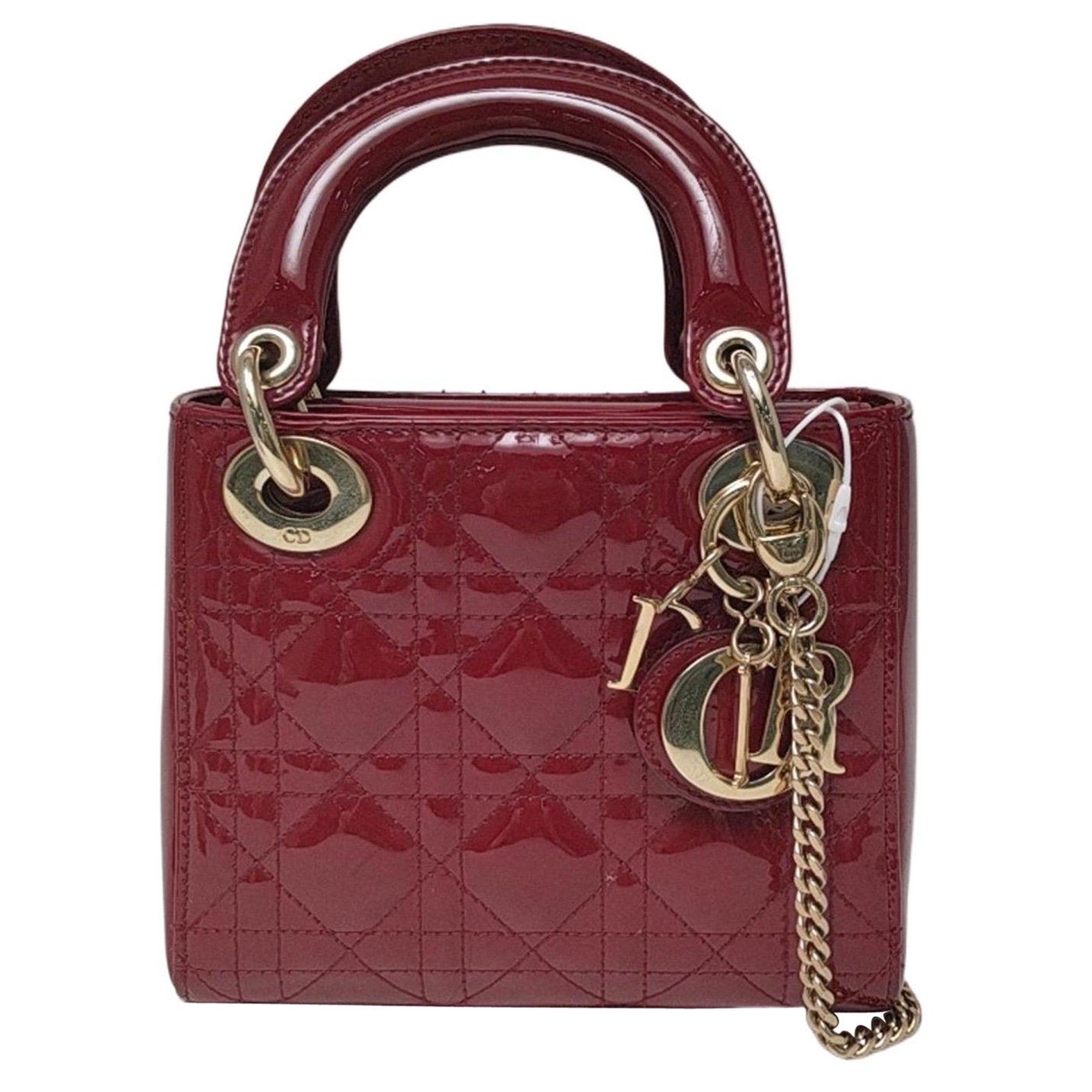 Lady Dior Mini Rosso Borgogna in pelle verniciata con tracolla a catena dorata