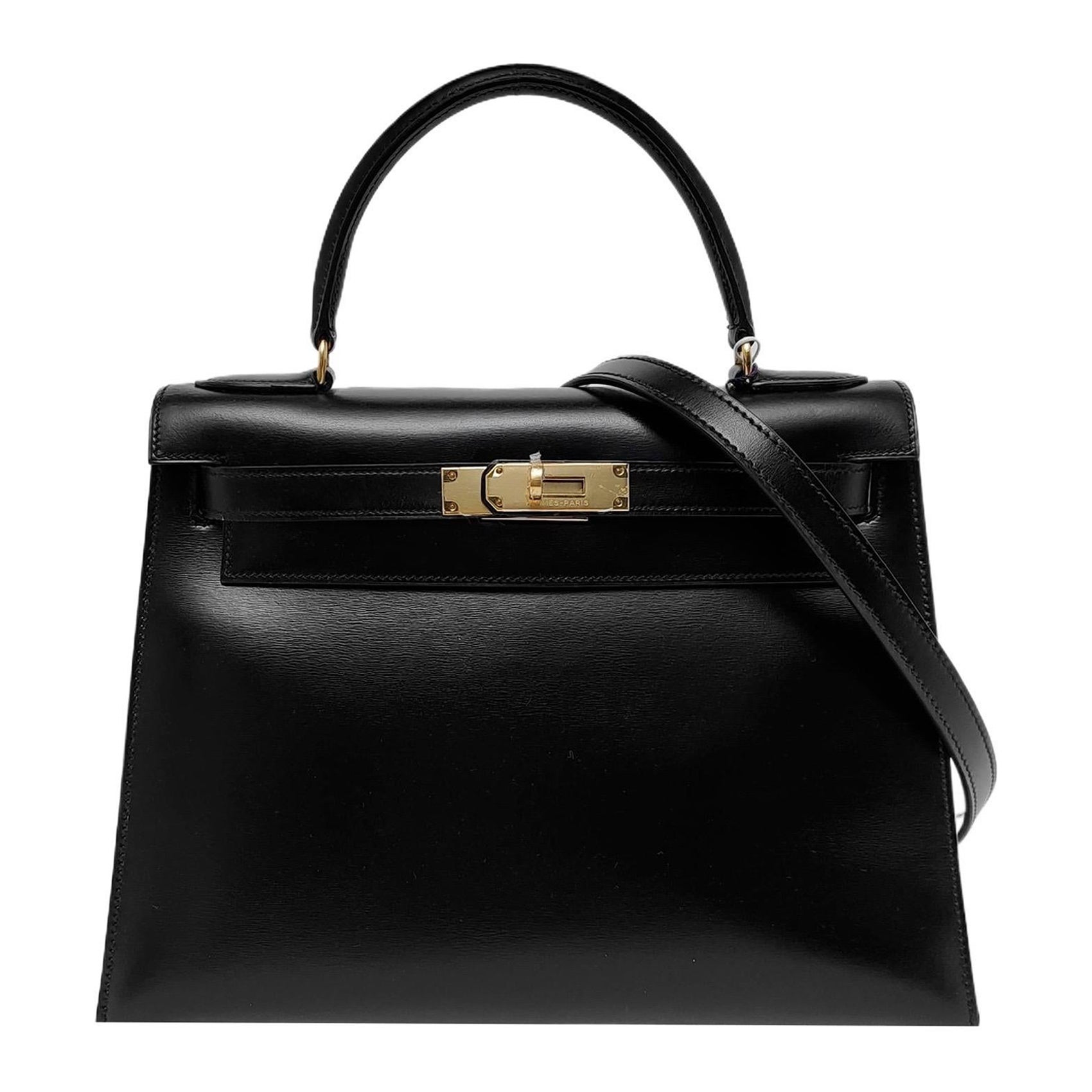 Hermes Kelly 28 Vintage Sellier Boîte noire Cuir or 1982