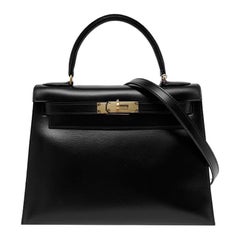 Hermes Kelly 28 Vintage Sellier Black Box Leather Gold Hardware 1982