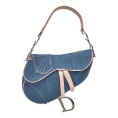 Dior Saddle Blue Denim with Pocket and Pink Leather Trim Shoulder Bag