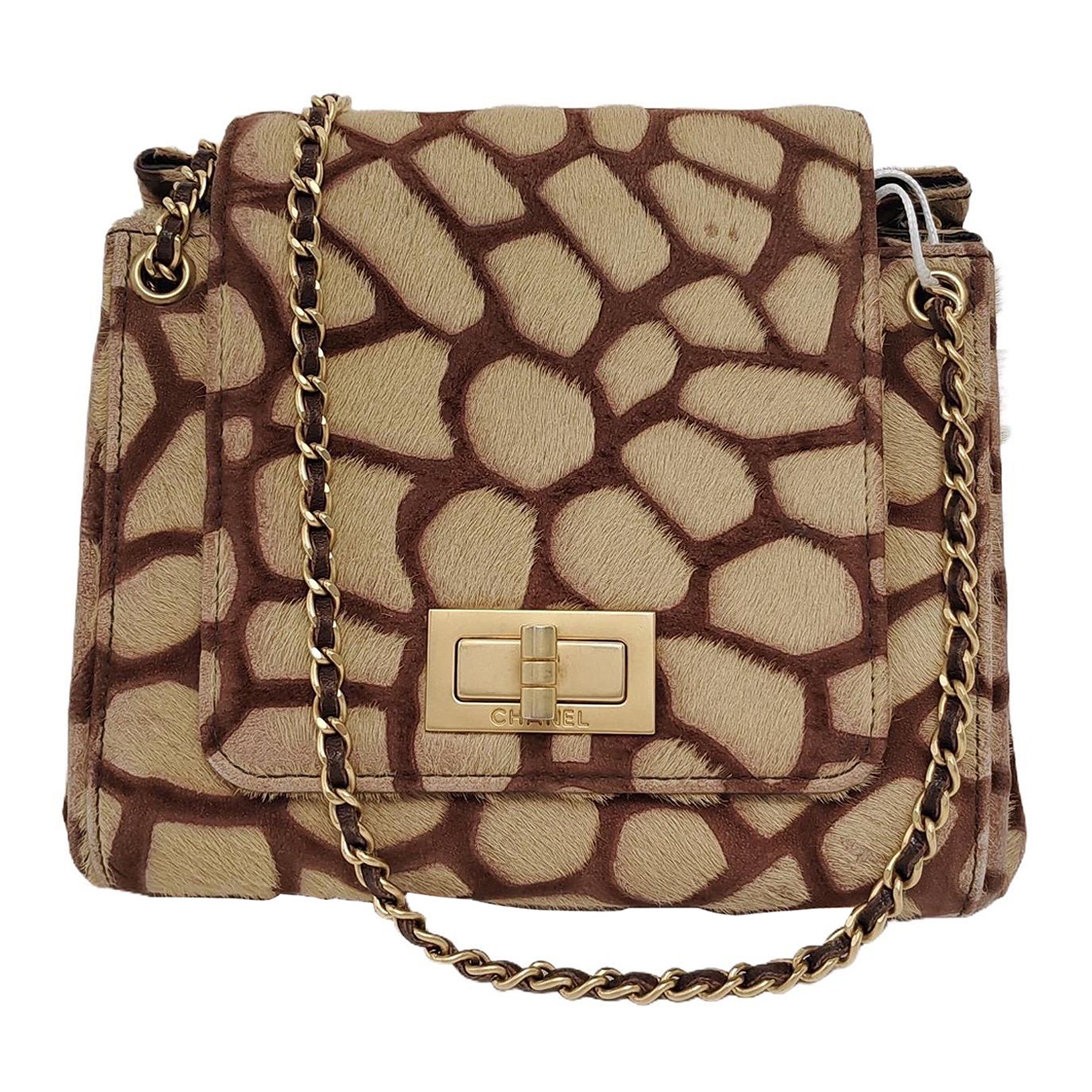Chanel Brown Beige Giraffe Print Pony Hair Accordion 2.55 Reissue Umhängetasche