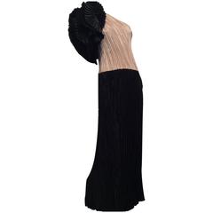Mary McFadden Black and Gold Pleated One-Shoulder Flounce Vintage Gown