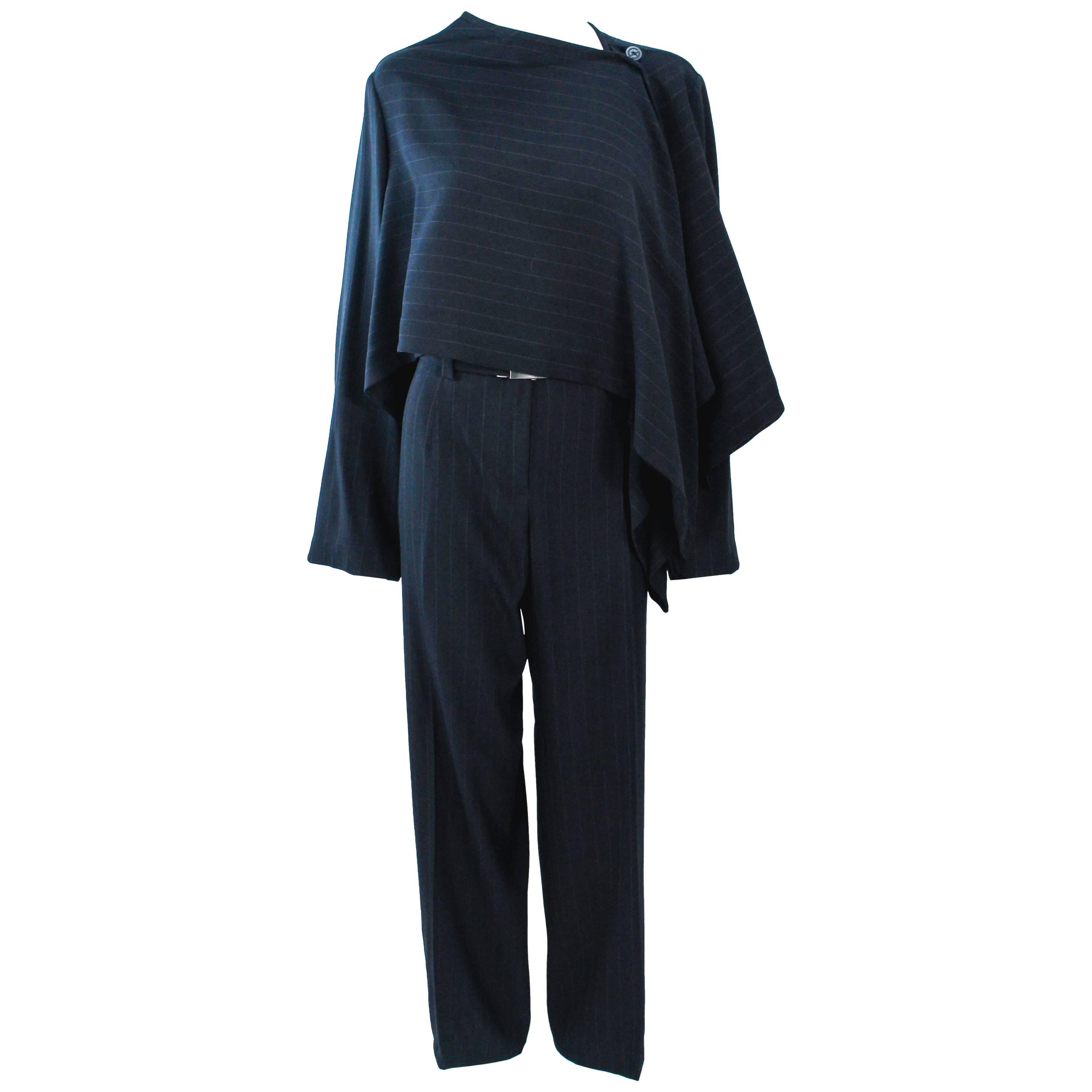 GIORGIO ARMANI Black Pinstripe Asymmetrical Drape Suit Size 10
