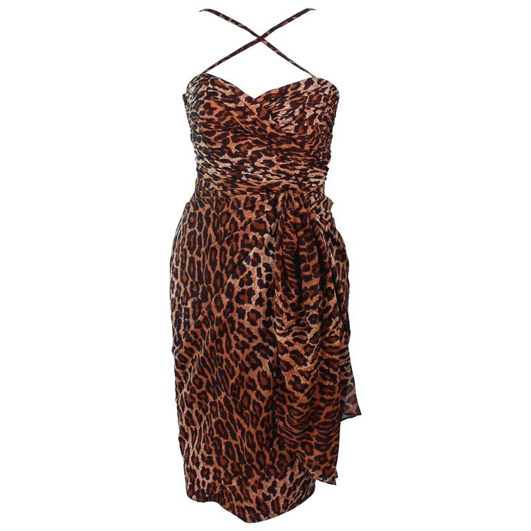 GUY LAROCHE Chiffon Animal Print Criss Cross & Draped Bustier Skirt Set Size 40