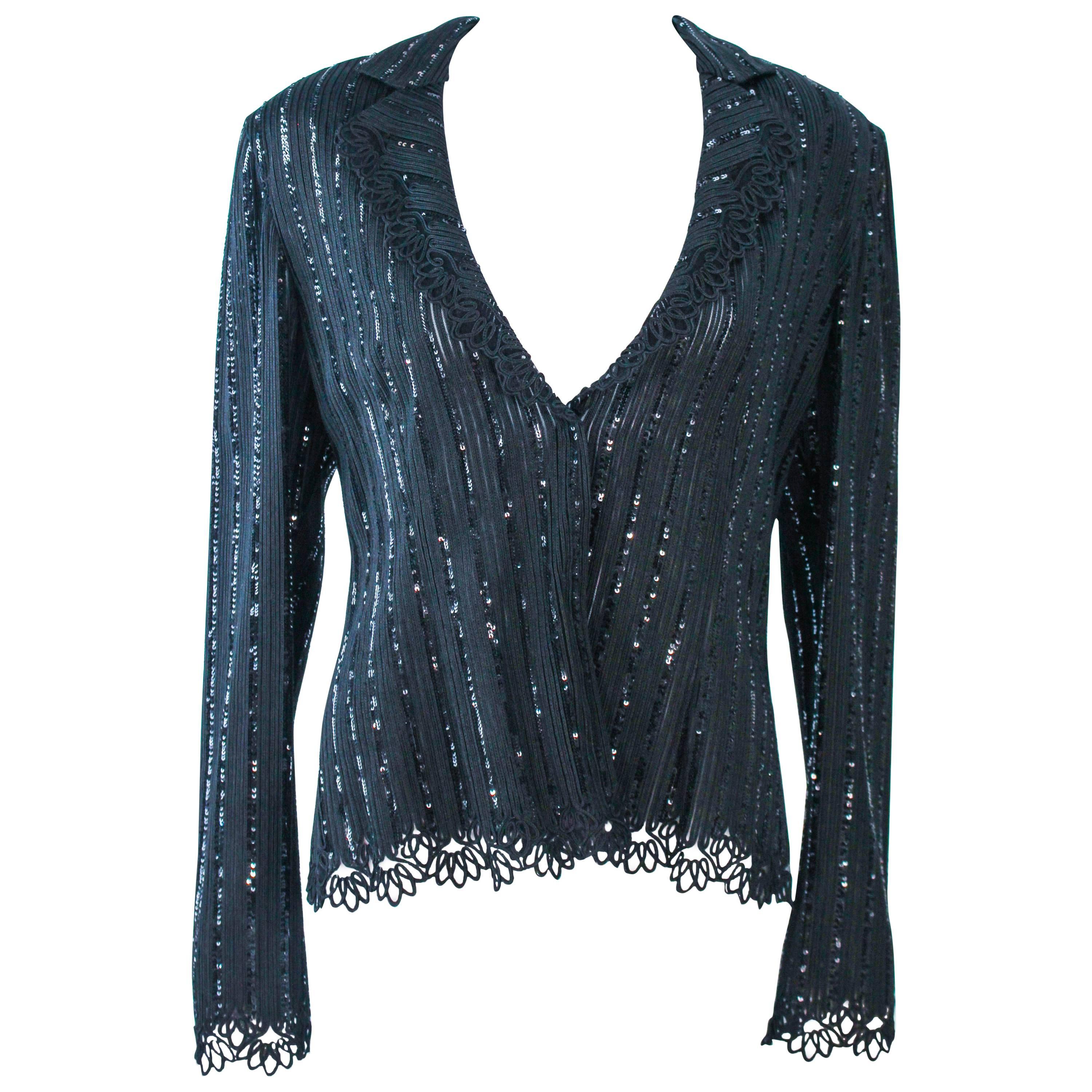 GIORGIO ARMANI Black Sequin Knit with Lace Sweater Size 48