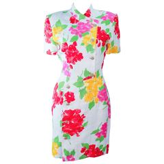 HANAE MORI White Floral Linen Dress with Gold Buttons Size 6 8 5