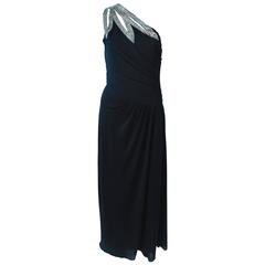 TRAVILLA 1970's Black Draped Jersey Gown with Silver Beaded Applique Size 8 10 2