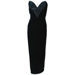 OLEG CASSINI Black Tie Black Velvet Sweet Heart Strapless Beaded Gown Size 8 10 3